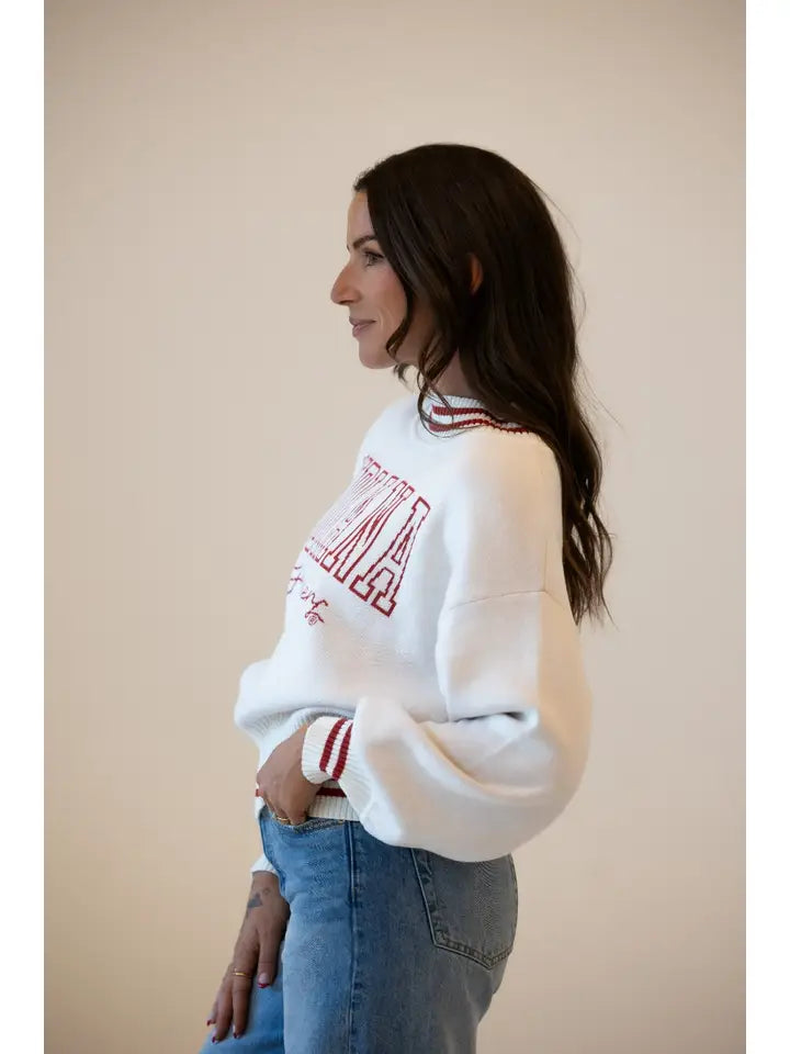 Indiana Queen Oversized Striped Crew Sweater Crimson/Ivory