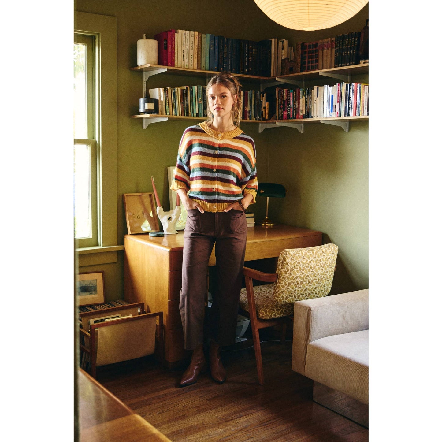 MAPLE STREET RICH MUSTARD BUTTON-DOWN STRIPE CARDIGAN