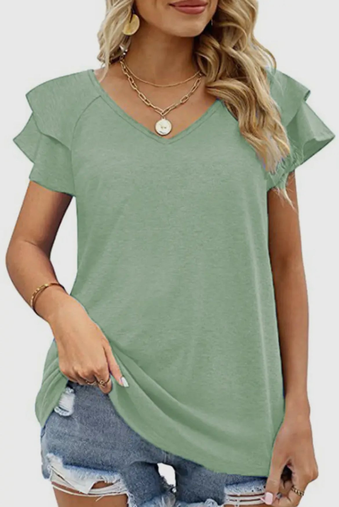 V Neck Double Sleeve Loose Top