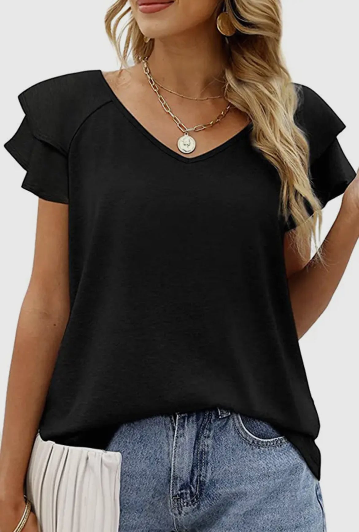 V Neck Double Sleeve Loose Top