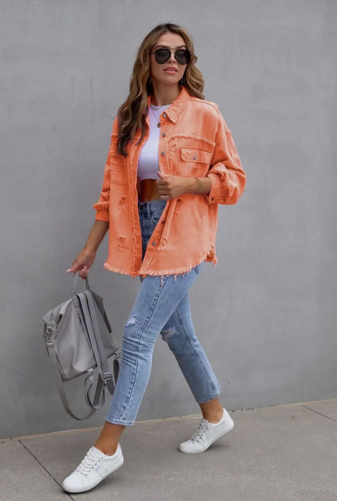 Raw Edge Solid Color Lapel Denim Jacket Orange
