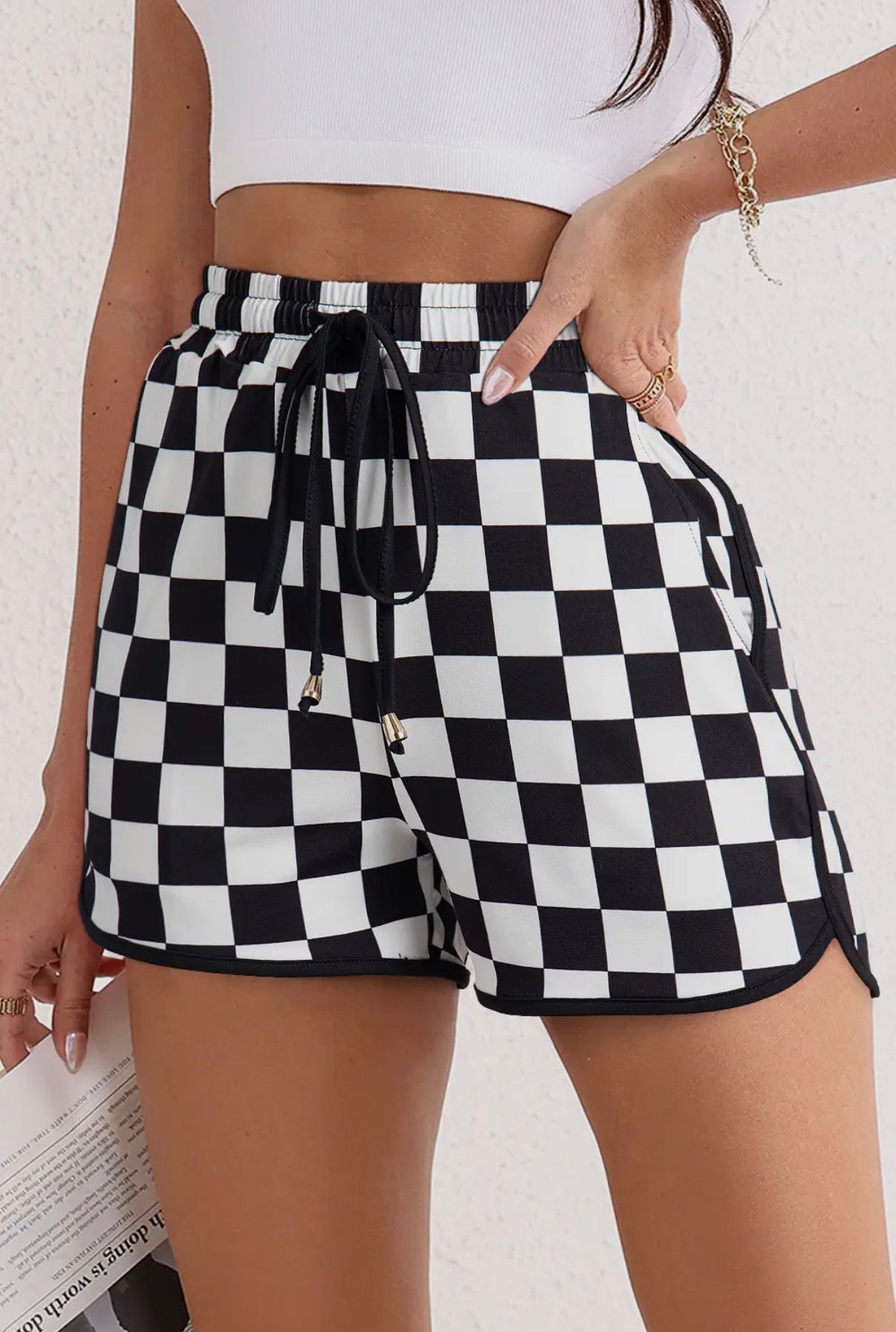 Checkered Drawstring Elastic Waist Casual Black/White Checkered Shorts