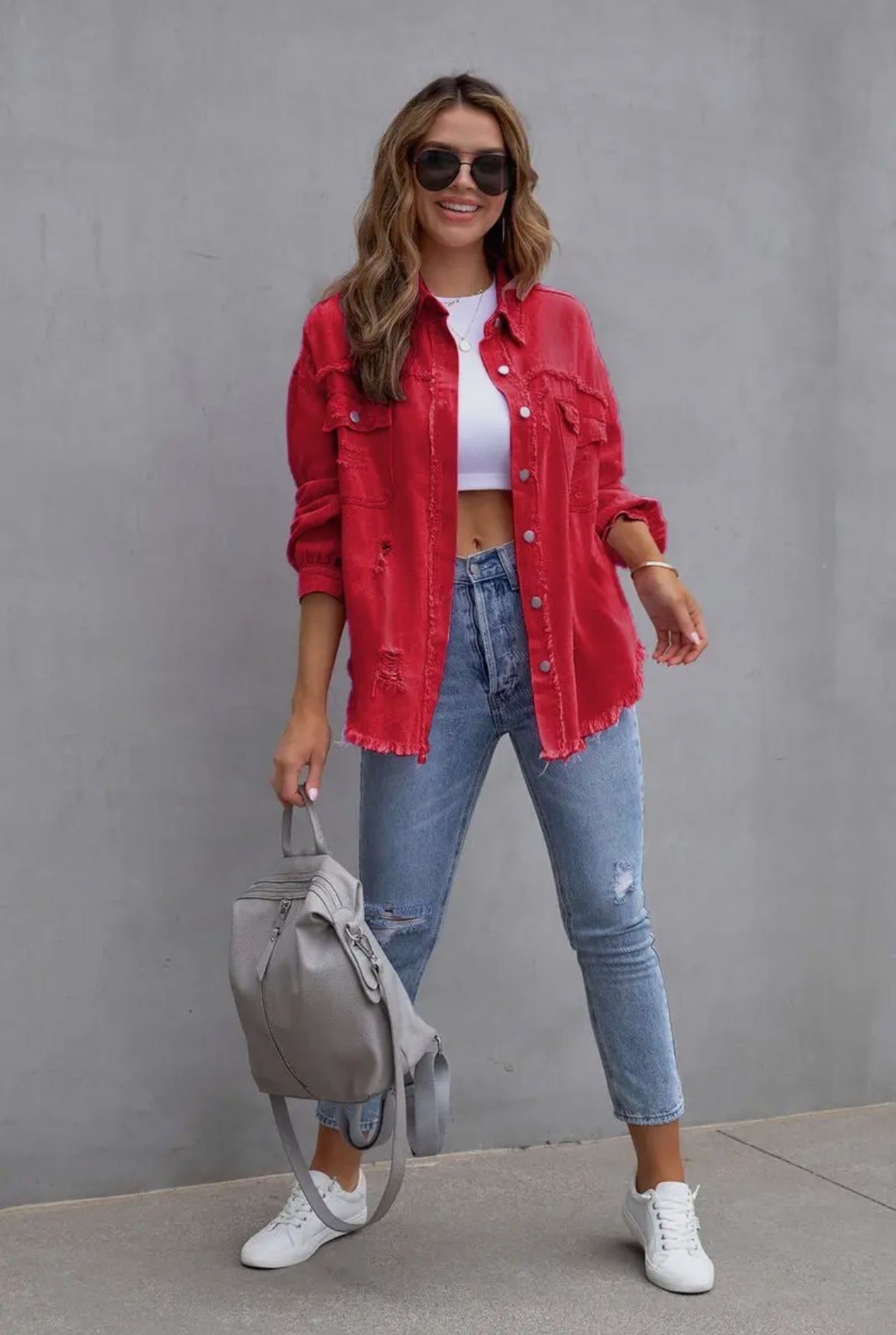 Raw Edge Solid Color Red Lapel Denim Jacket