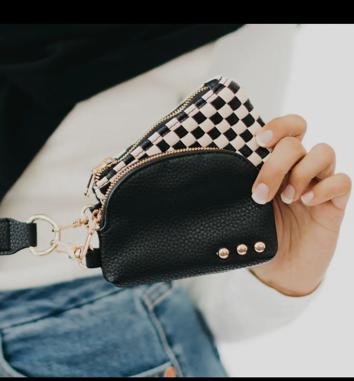 Wonderlust Woven Dual Pouch Wristlet Black Checkered