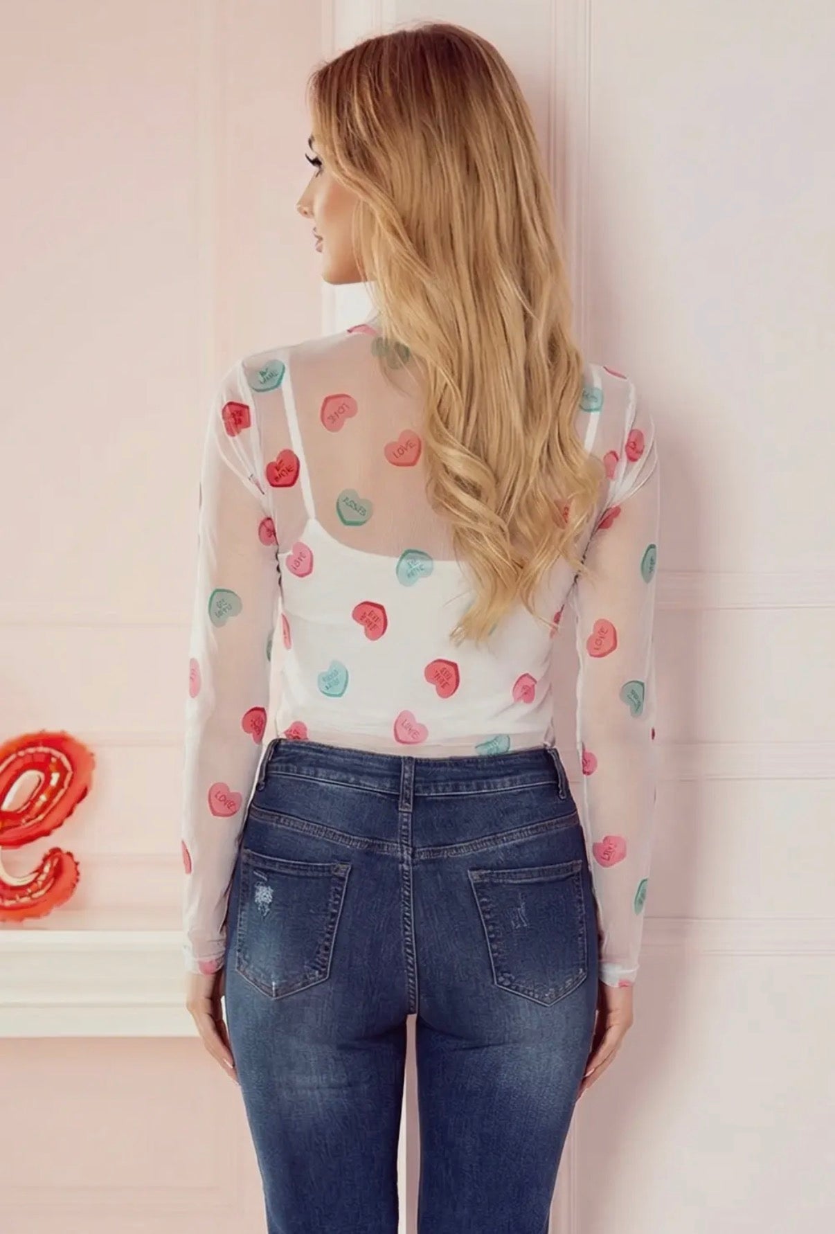 Sheer Mesh Valentines Slogan Heart Printed Log Sleeve Top