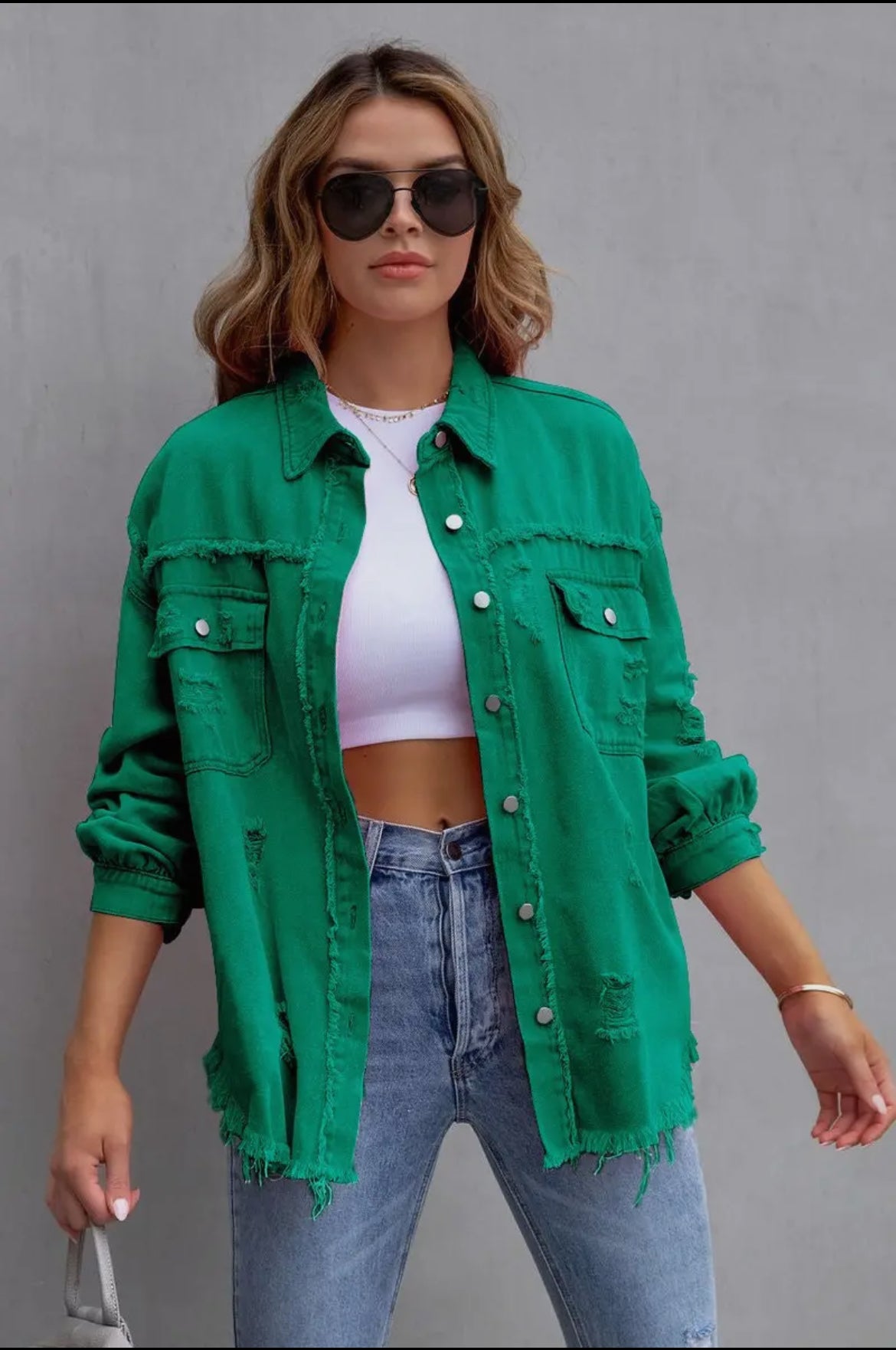 Raw Edge Solid Color Green Lapel Denim Jacket