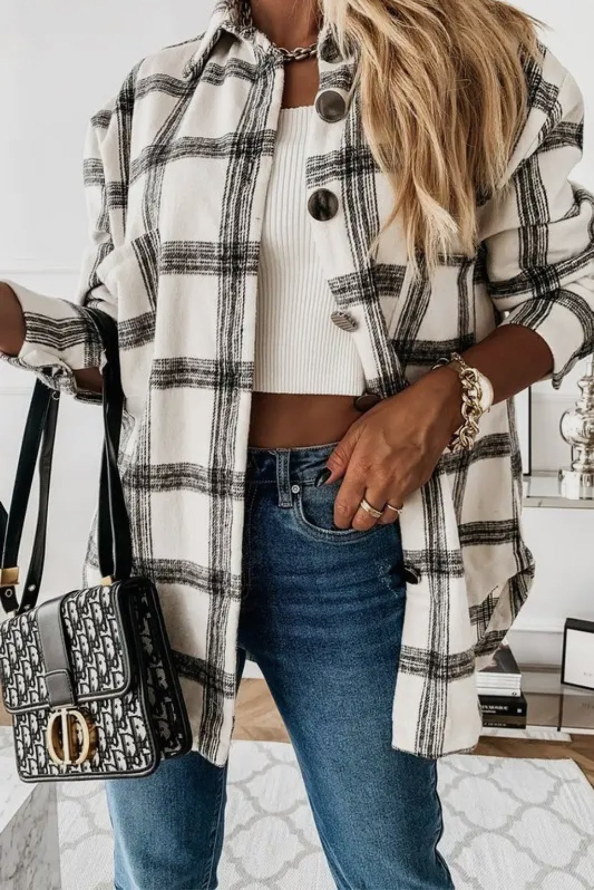 Loose Fit Plaid Big Buttoned Jacket White/Black