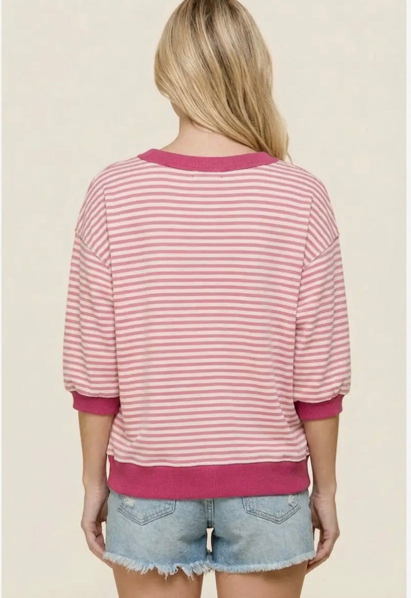 COMING SOON! 20566 Contrast Banded Stripe Sweatshirt Pink