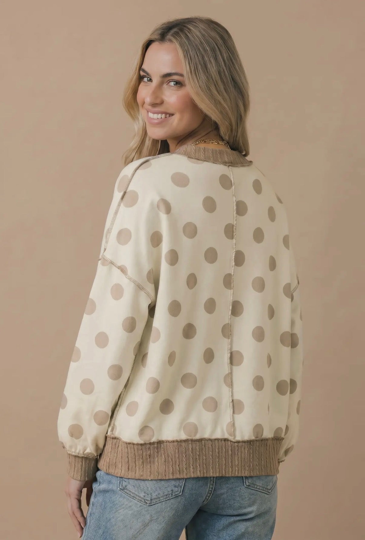 HT7918A Polka Dot Terry Top Ivory/Taupe