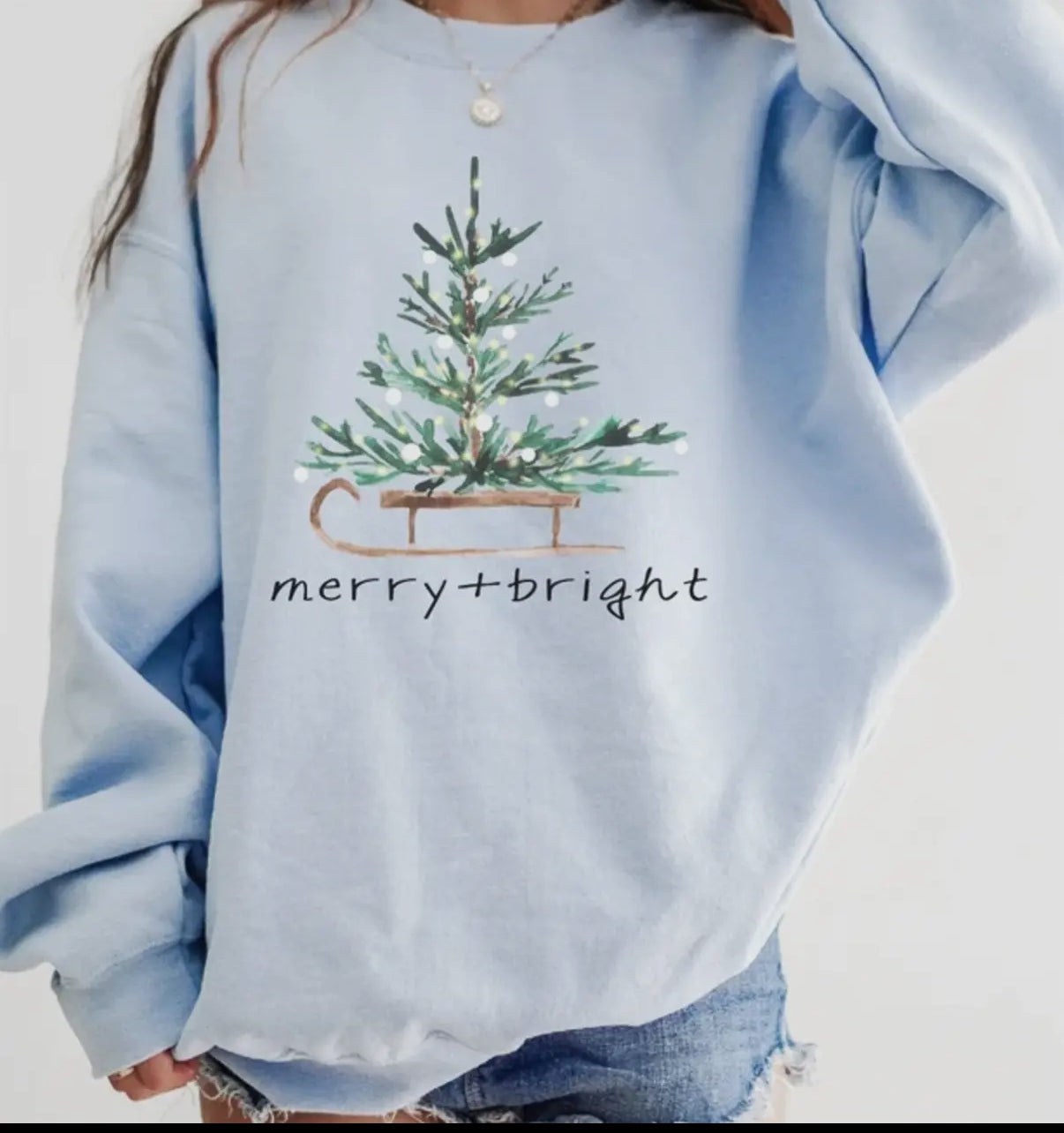Light Blue Merry + Bright Christmas Tree on Sled Crew Sweatshirt