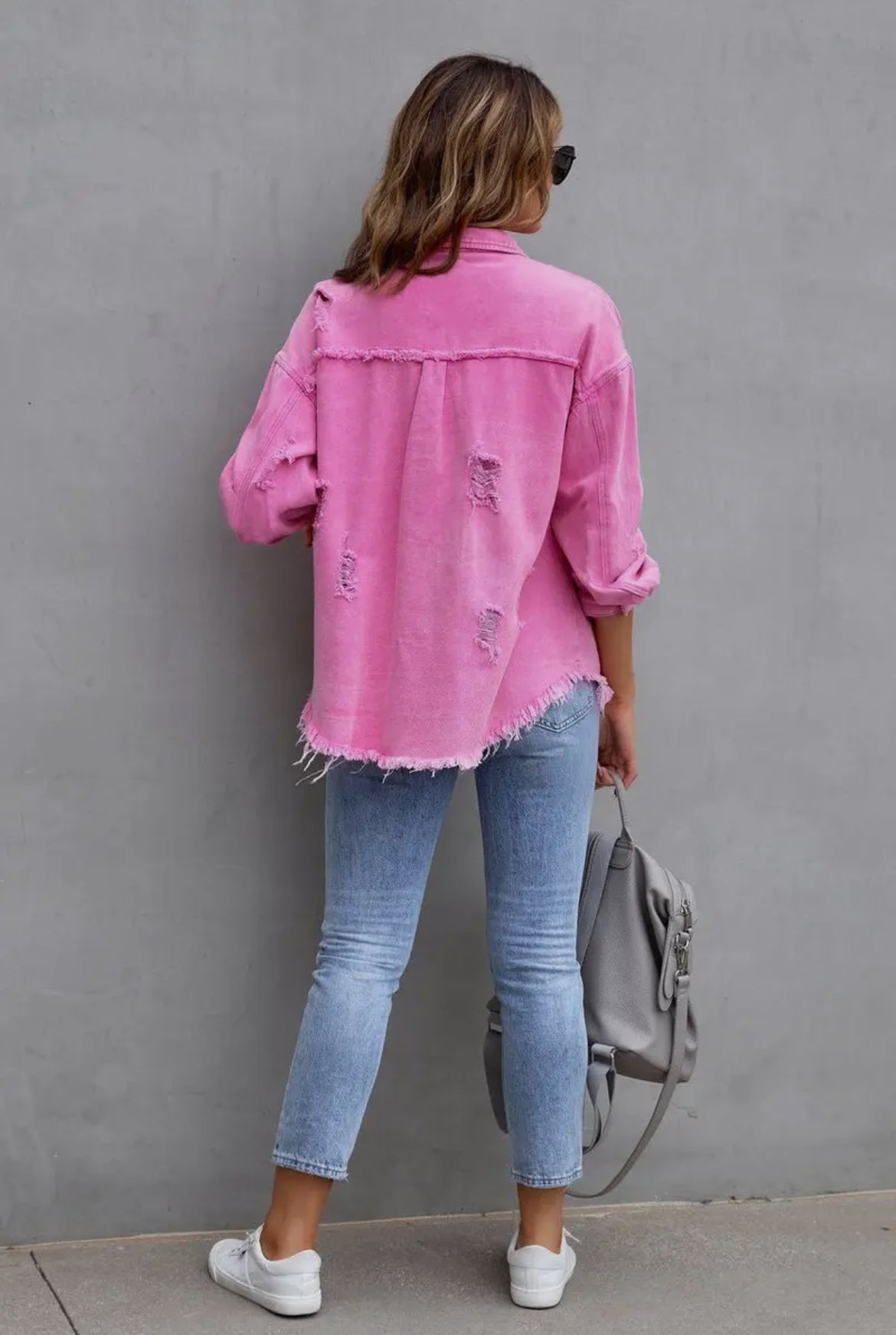 Raw Edge Solid Color Lapel Denim Jacket Pink