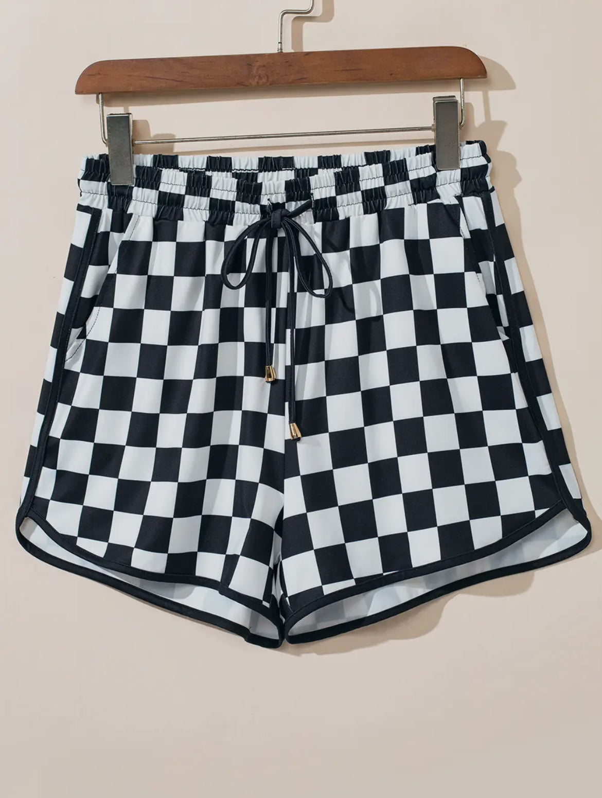 Checkered Drawstring Elastic Waist Casual Black/White Checkered Shorts