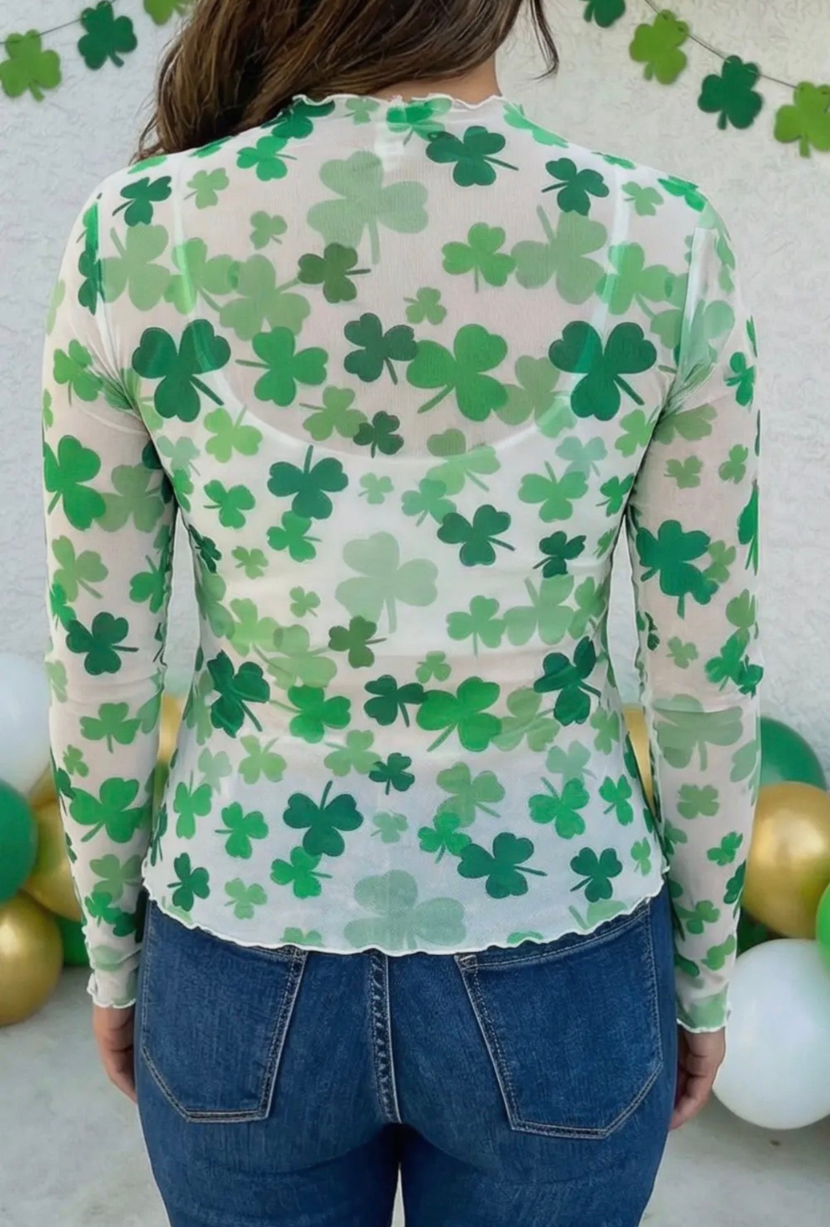 St. Patrick Lucky Shamrock Lettuce Trim Mock Neck Mesh Top Green