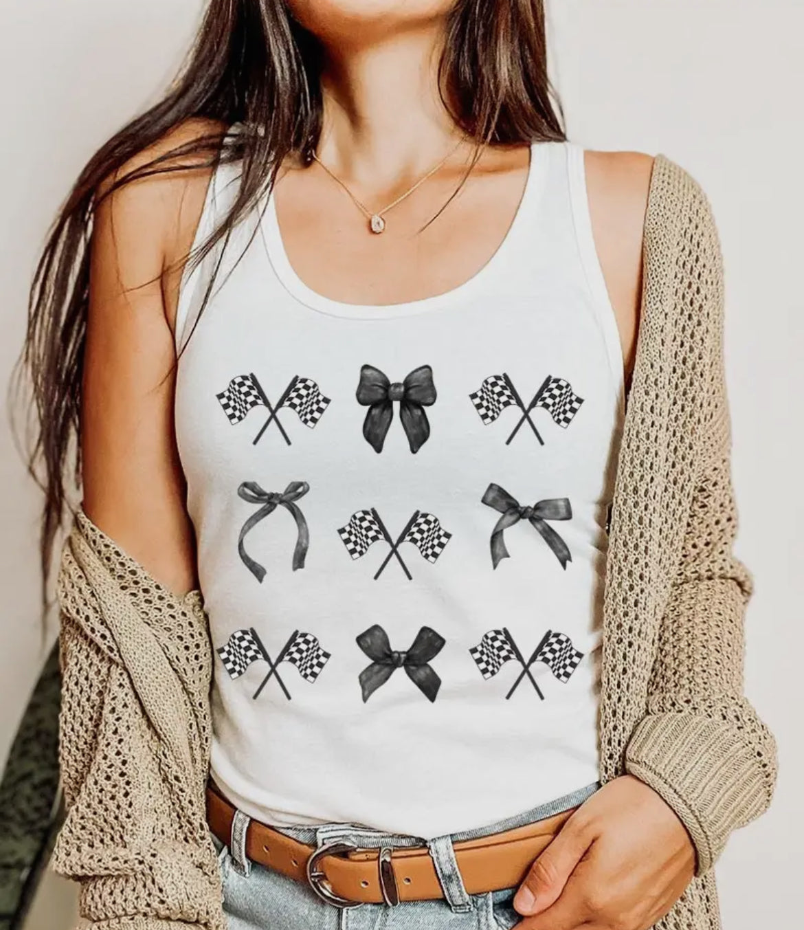 Checkered Flag Bow White Racerback Tank