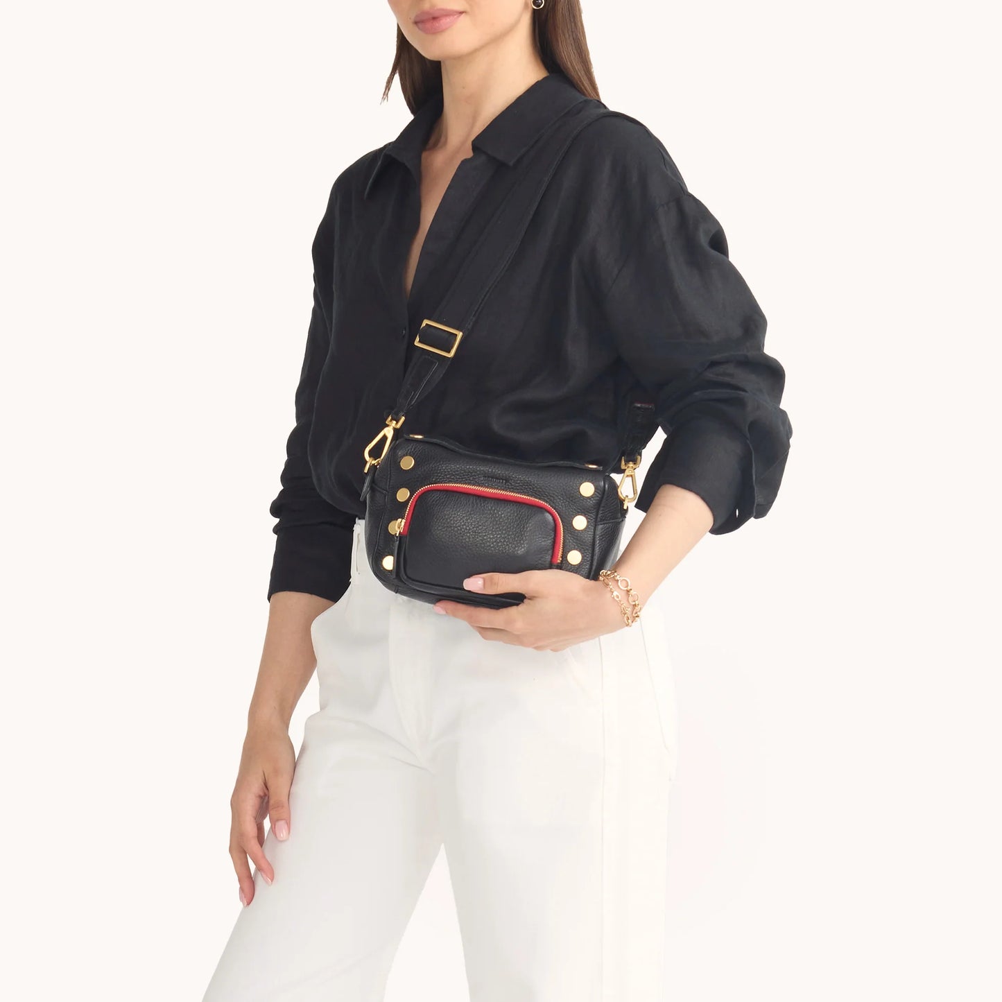 Evan Crossbody Small Cargo Black Brushed Gold Red Zipper