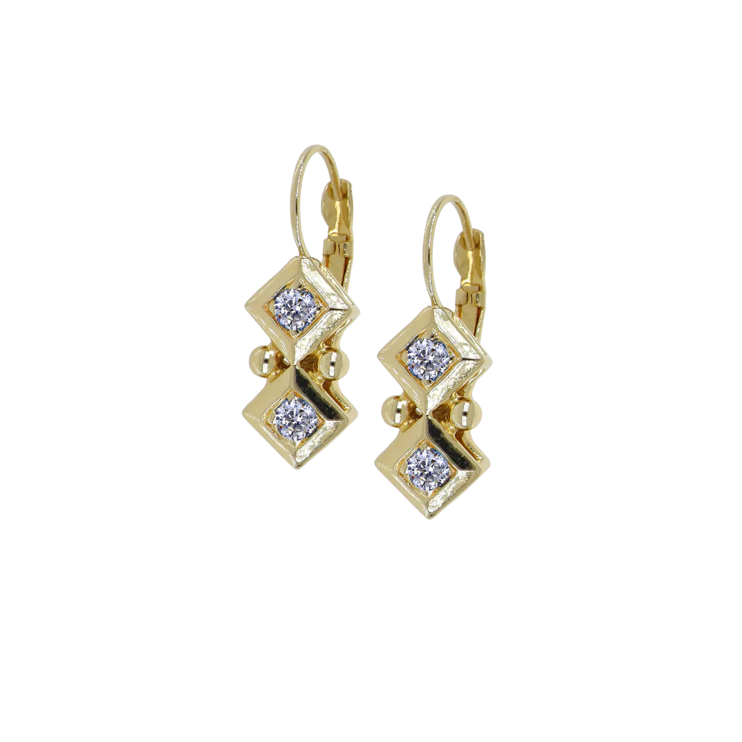 F5782-GF00 BEADED TWO STONE DIAMOND CZ FRENCH WIRE EARRING GOLD