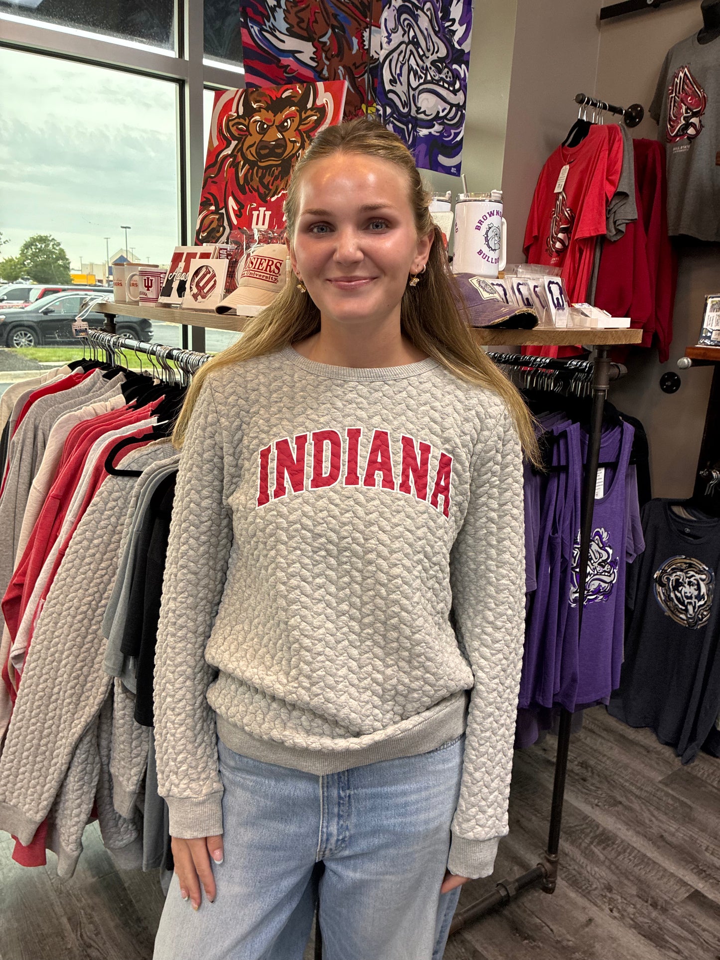 Indiana Univ Heather Kinsley Quilted Crew Neck