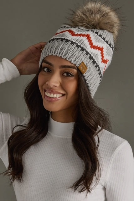 Gray, Red, & White Patterned Pom Hat