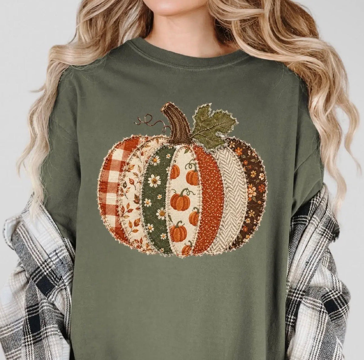 Faux Patchwork Pumpkin Tee- Moss