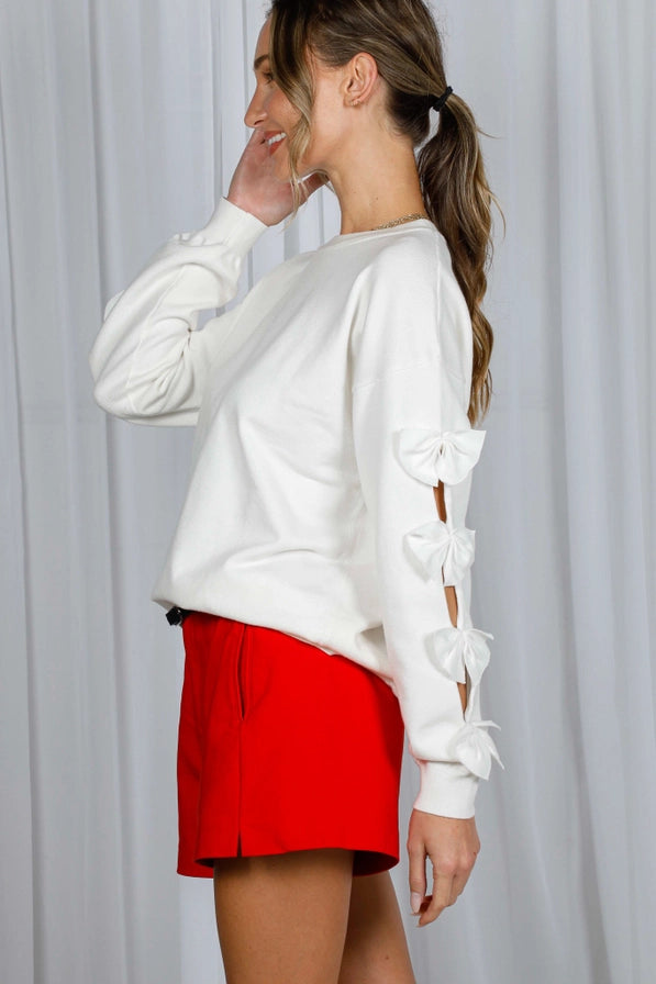 Bow Embellished Crew Neck Long Sleeve Sweater - Cream