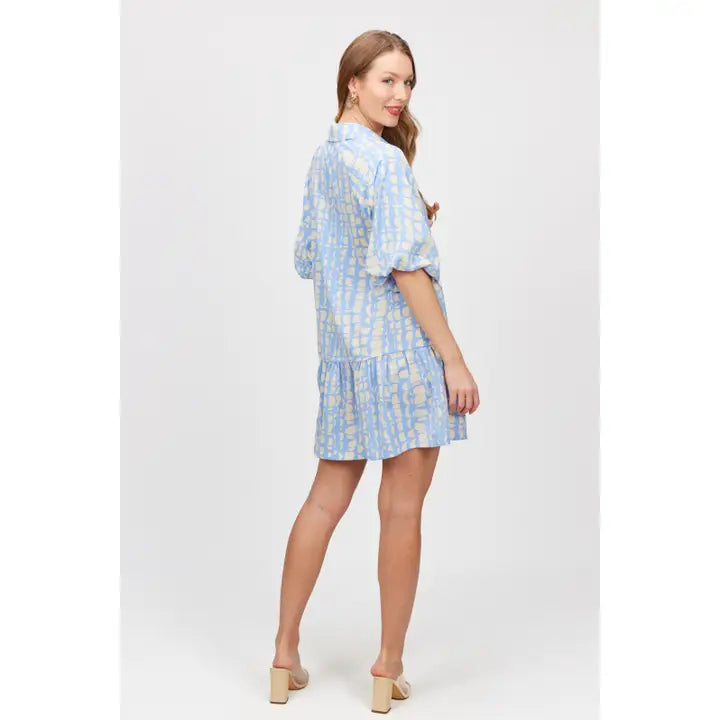 Sky Blue Geo Print Puff Sleeve Dress