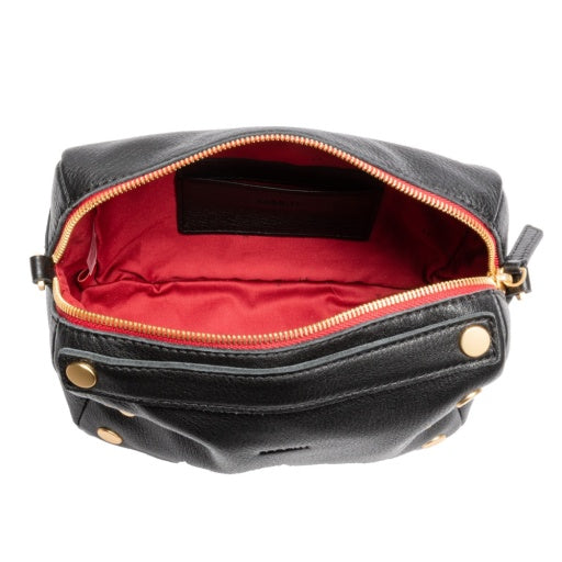 Evan Crossbody Small Black Brushed Gold Red Zipper
