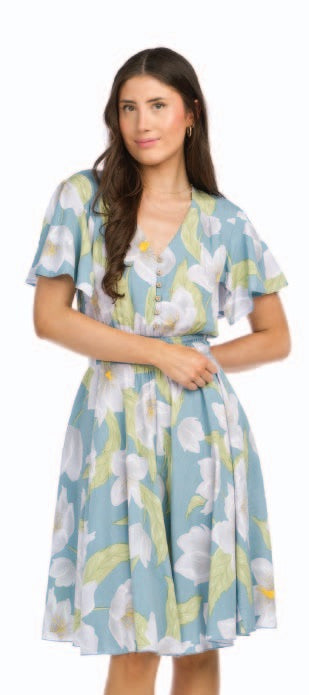 PD16502 Papillon  Sage Floral Short Sleeve Dress with Smocked Waist