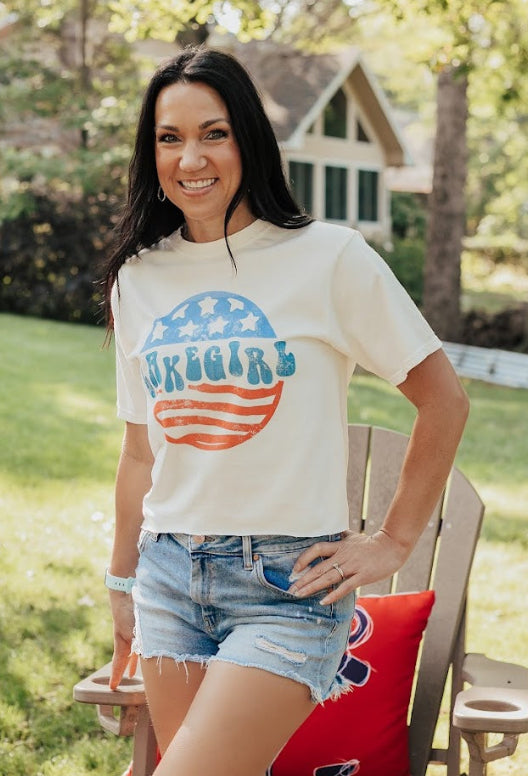 Red Stripe Blue Stars Ringspun Short Sleeve Tee in White