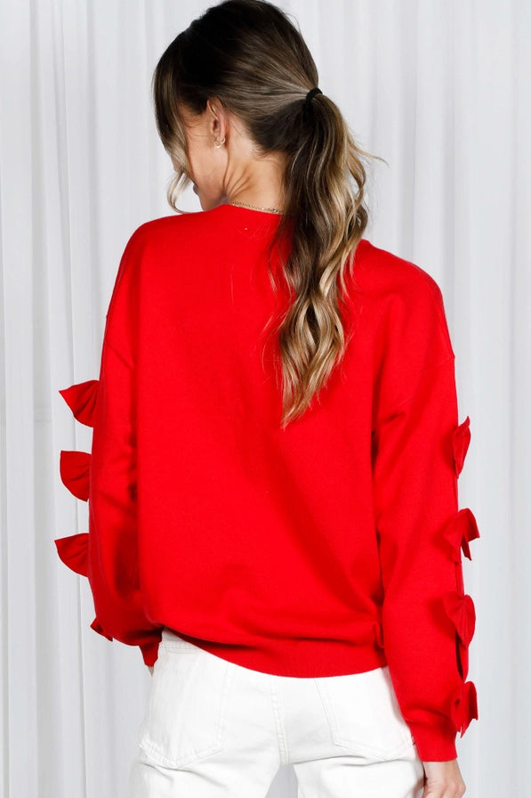 Bow Embellished Crew Neck Long Sleeve Sweater - Red
