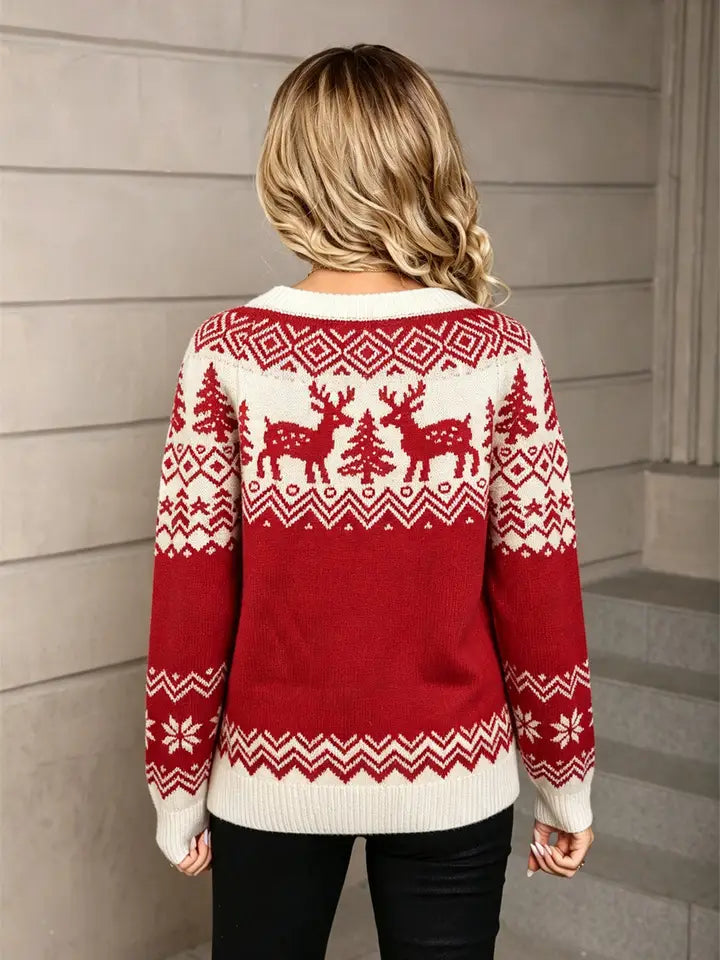 Nordic Reindeer Fair Isle Sweater- Red
