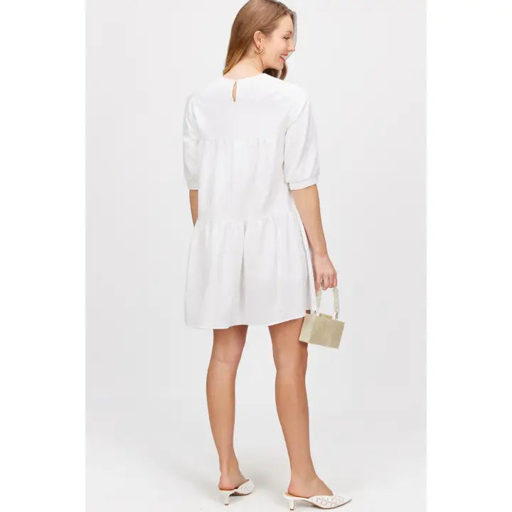 White Floral Jacquard Puff Sleeve Tiered Dress