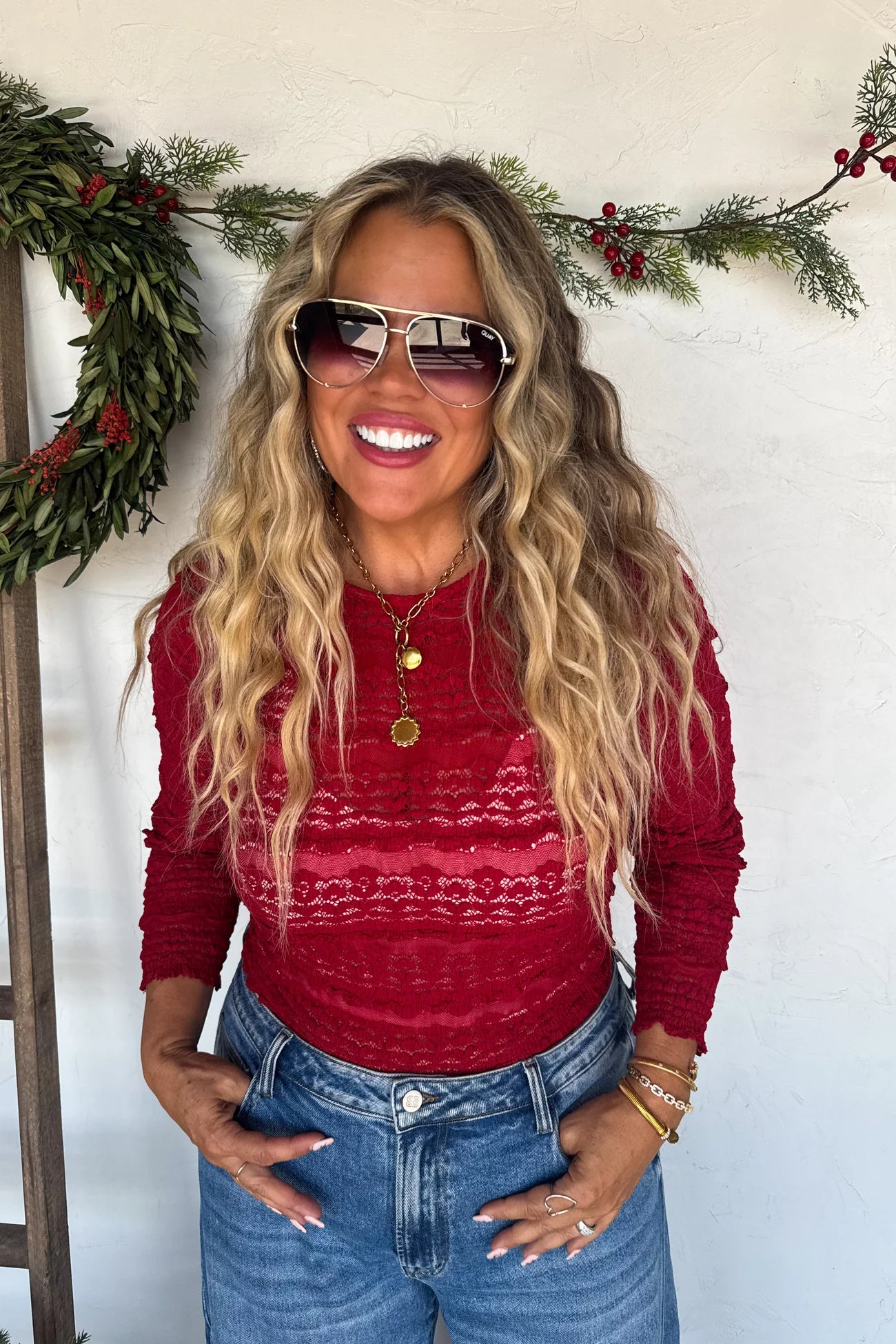 PREORDER -- Wine Long Sleeve Lace Top