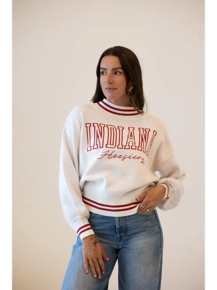 Indiana Queen Oversized Striped Crew Sweater Crimson/Ivory