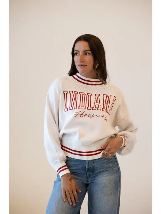 Indiana Queen Oversized Striped Crew Sweater Crimson/Ivory