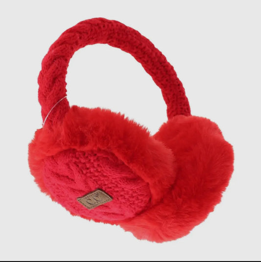 Cable Knit Faux Fur Earmuff Red