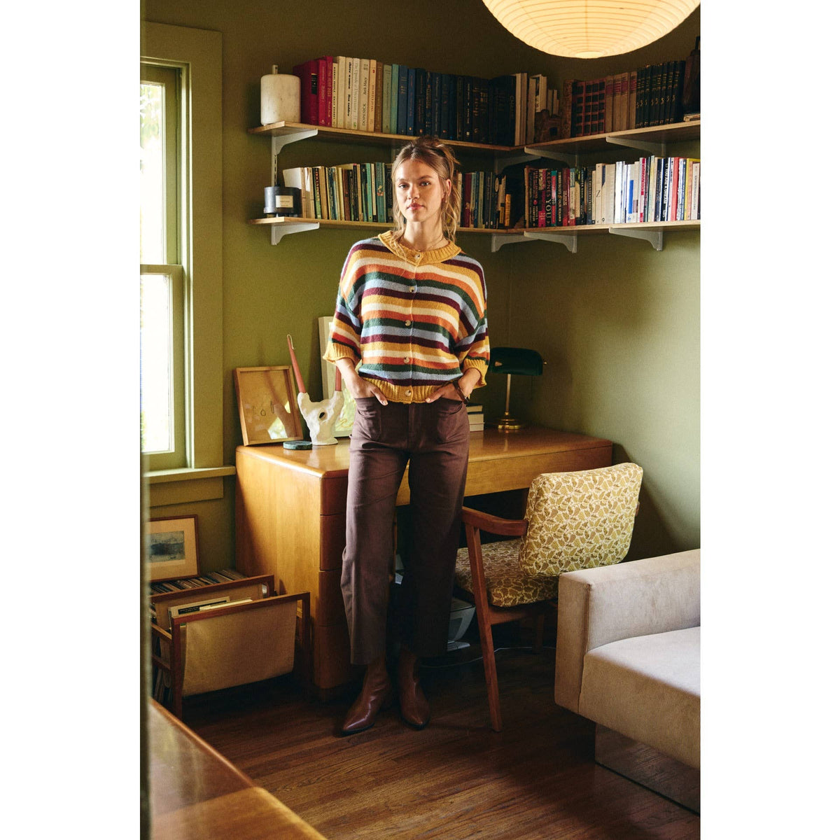 MAPLE STREET RICH MUSTARD BUTTON-DOWN STRIPE CARDIGAN