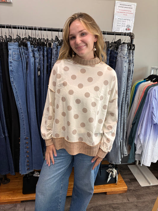HT7918A Polka Dot Terry Top Ivory/Taupe
