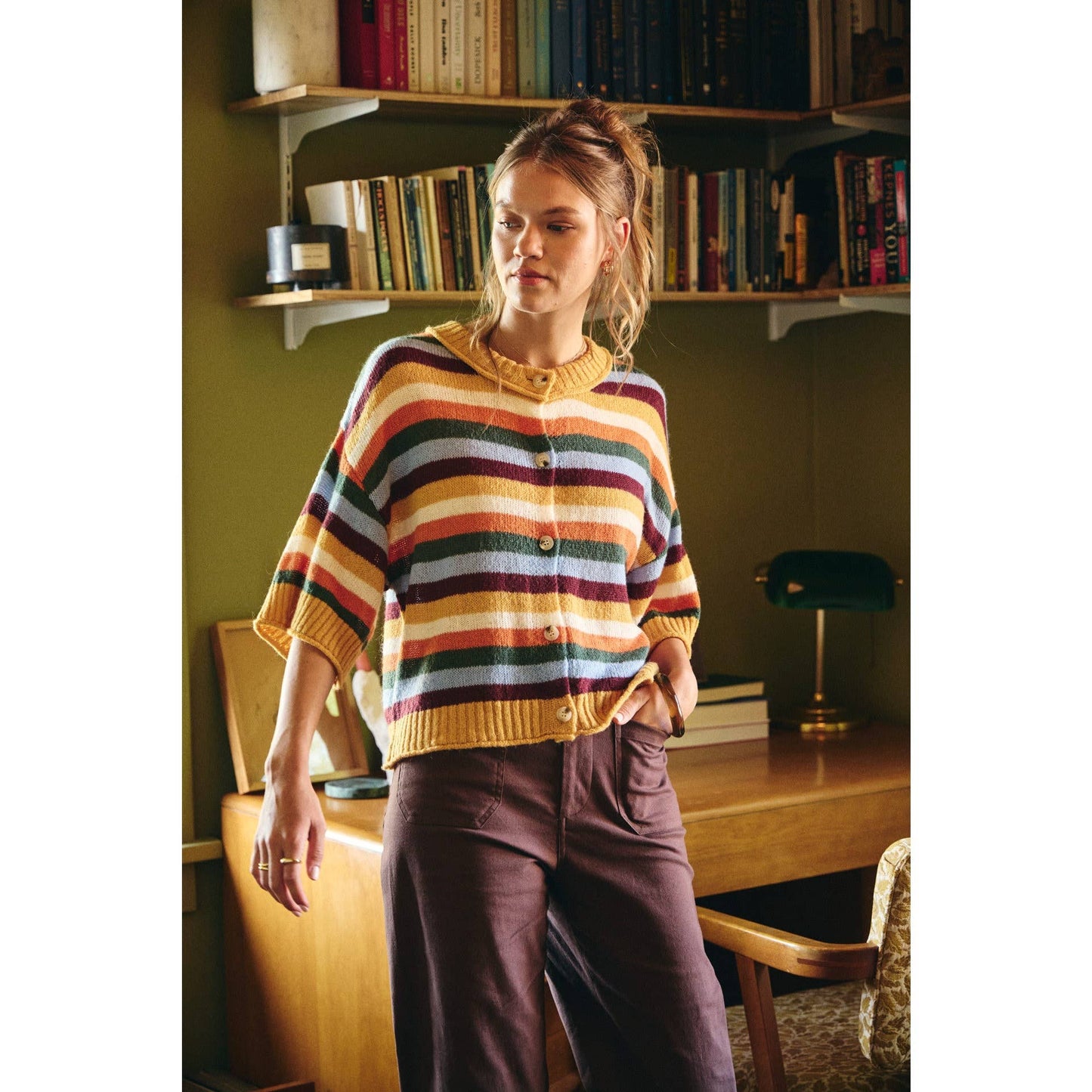 MAPLE STREET RICH MUSTARD BUTTON-DOWN STRIPE CARDIGAN