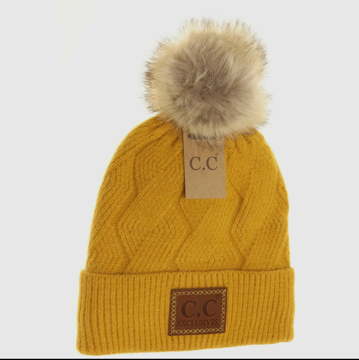 Geometric Knit Faux Fur Pom Beanie Mustard