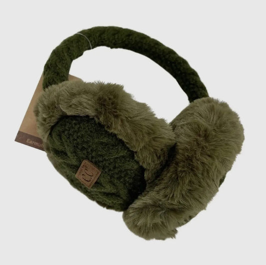 Cable Knit Faux Fur Earmuff Olive