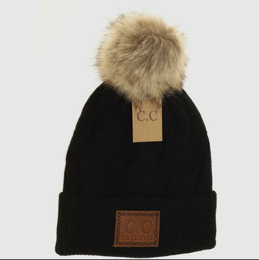 Geometric Knit Faux Fur Pom Beanie Black