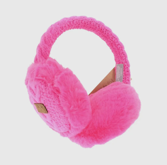 Cable Knit Faux Fur Earmuff Hot Pink