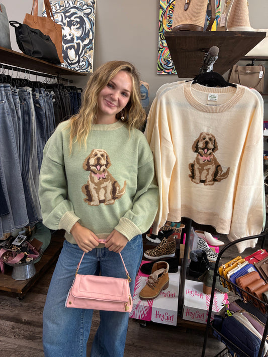 12W3674N Dog Intarsia Sweater Sage