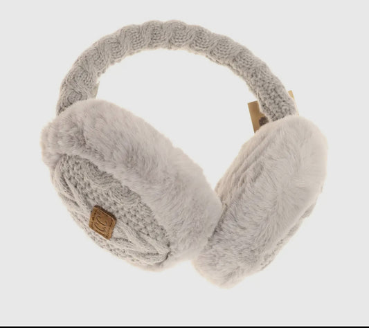 Cable Knit Faux Fur Earmuff Light Grey