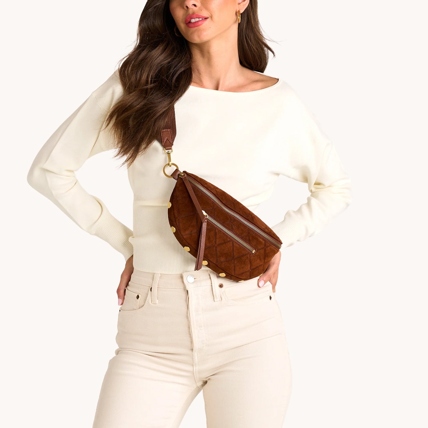 Charles Crossbody Med Chocolate Diamond Suede/Antique Gold