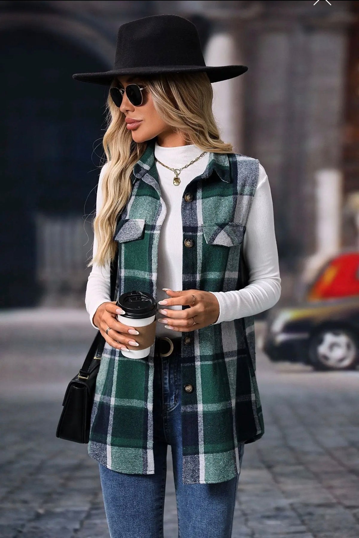 Plaid Shacket Vest with pockets, sleeveless