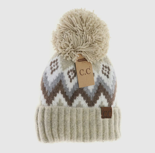 Aztec Chevron Knit Pom Beanie Beige