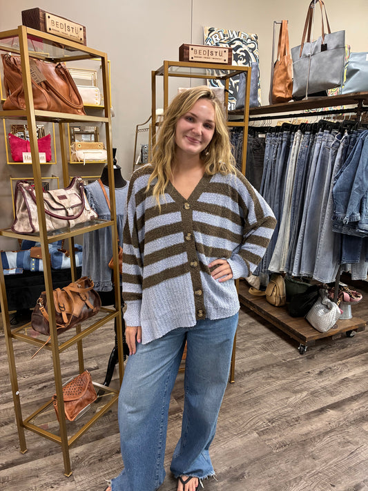 HCJ7864A Y Neck Stripe Popcorn Oversized Fit Cardigan brown/Slate Blue