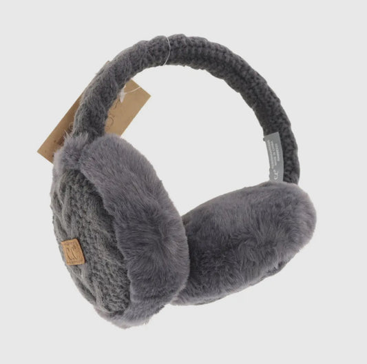 Cable Knit Faux Fur Earmuff Dark Grey