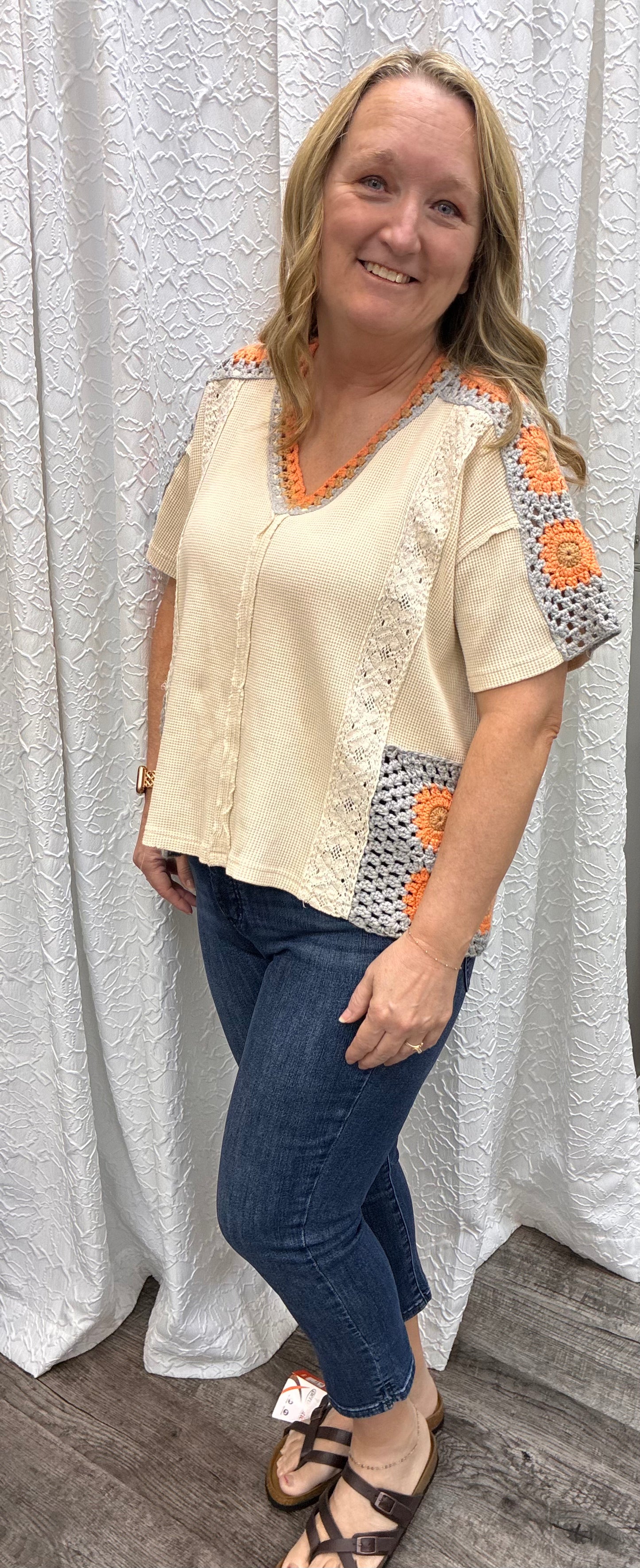Crochet V Neck Waffle Mix Top